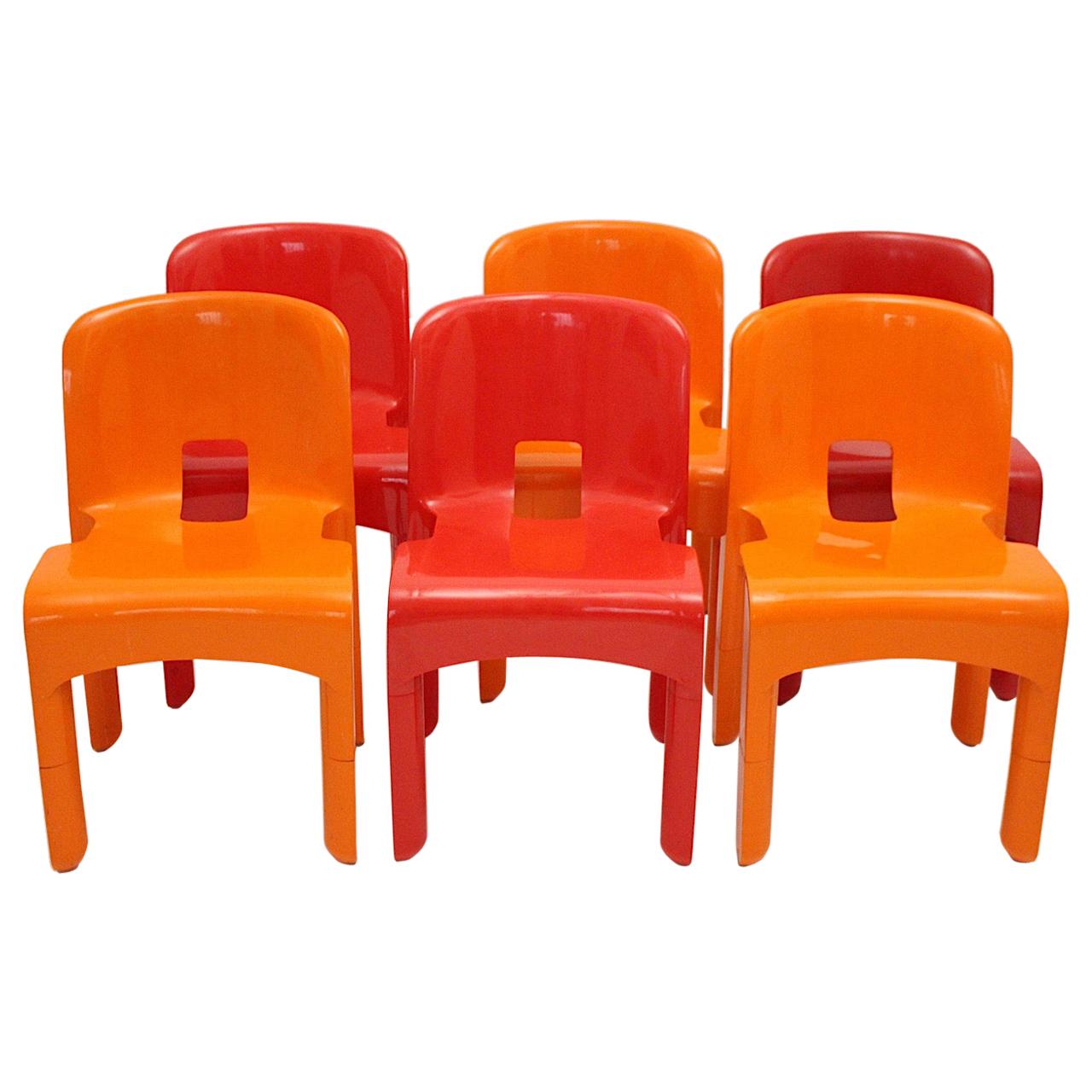 Pop Art Space Age Red Orange Six Plastic Vintage Chairs Joe Colombo Italy c 1965