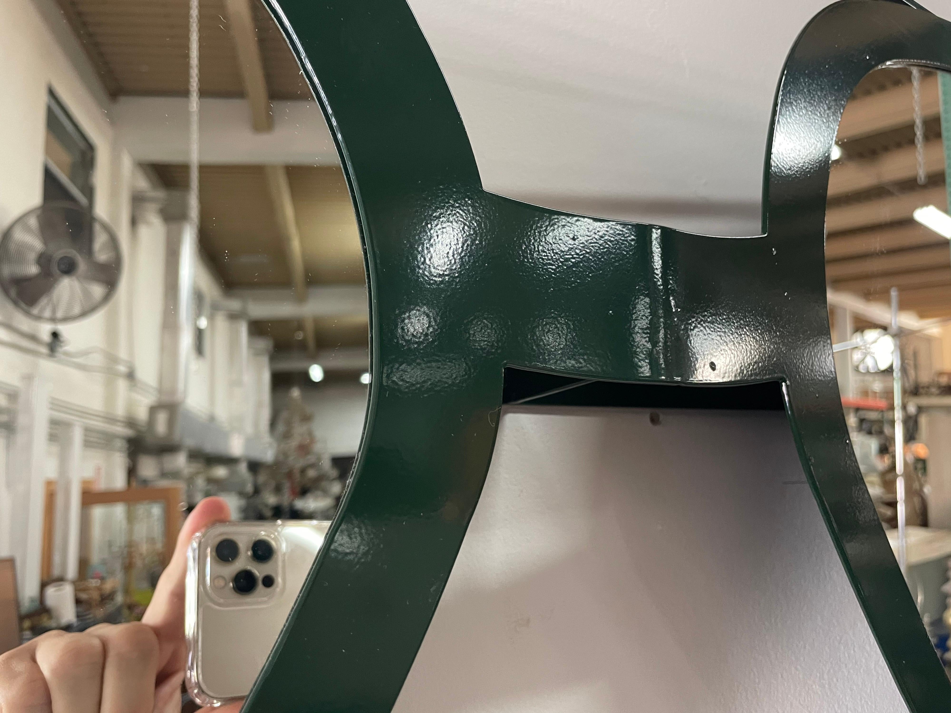 This is out of this world, so cool and fun in this vibrant forest green powder-coated frame with mirror inserts makes for an awesome accent to a foyer, powder-room or kids room. The Aviator style sunglasses with mirror lenses are a perfect statement