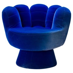 Vintage Pop Art Style Blue Velour Upholstered Hand Chair