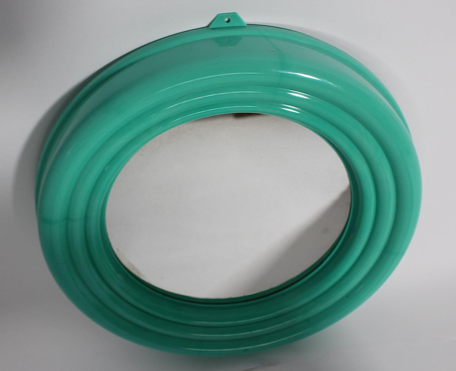 Pop Art Style Green Teal Circular Plastic Wall Mirror 1990s Italy For Sale 1
