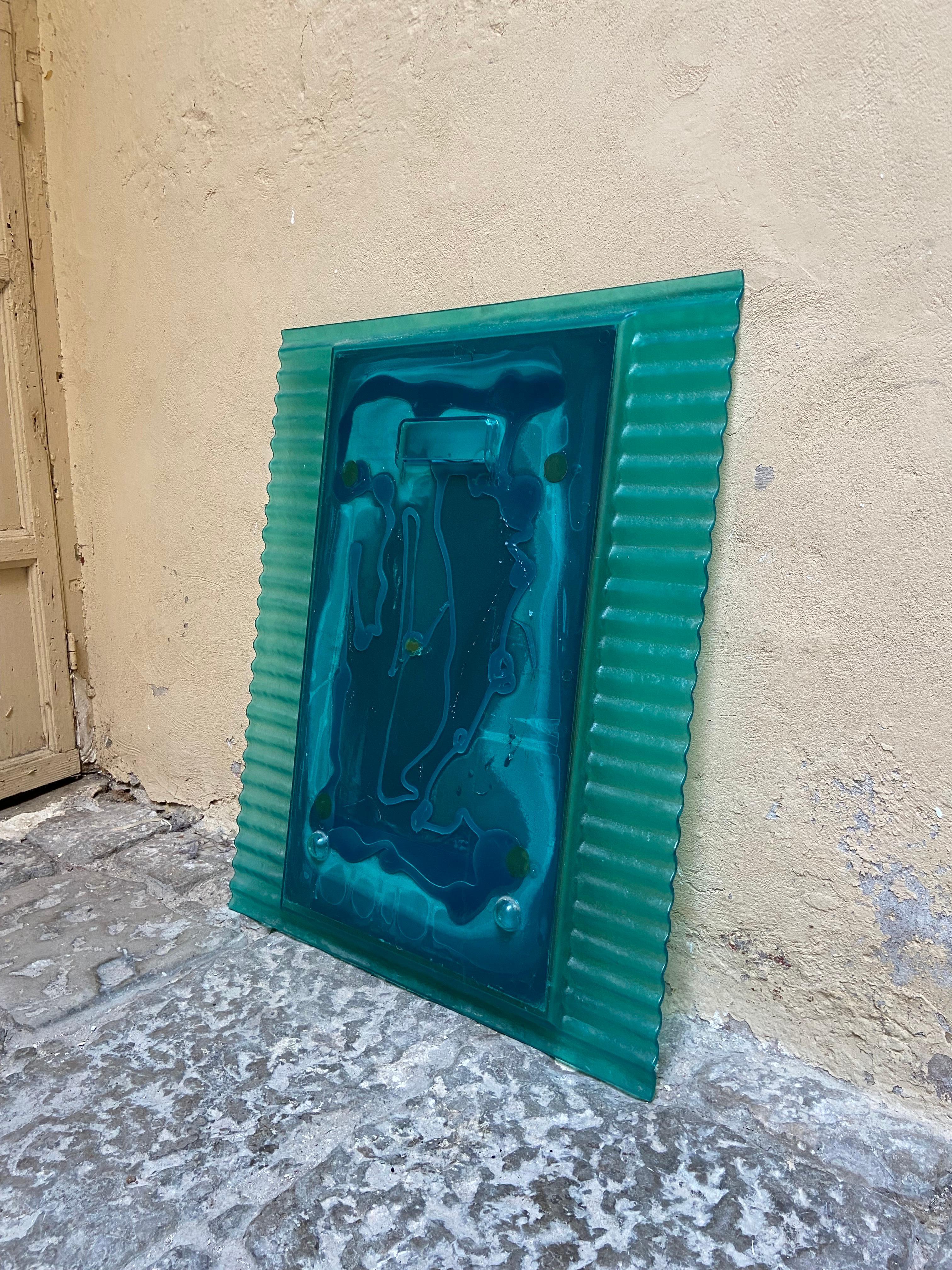 Pop Art Style Green Teal wavy Plastic Wall Mirror, 1980s, Italy 2