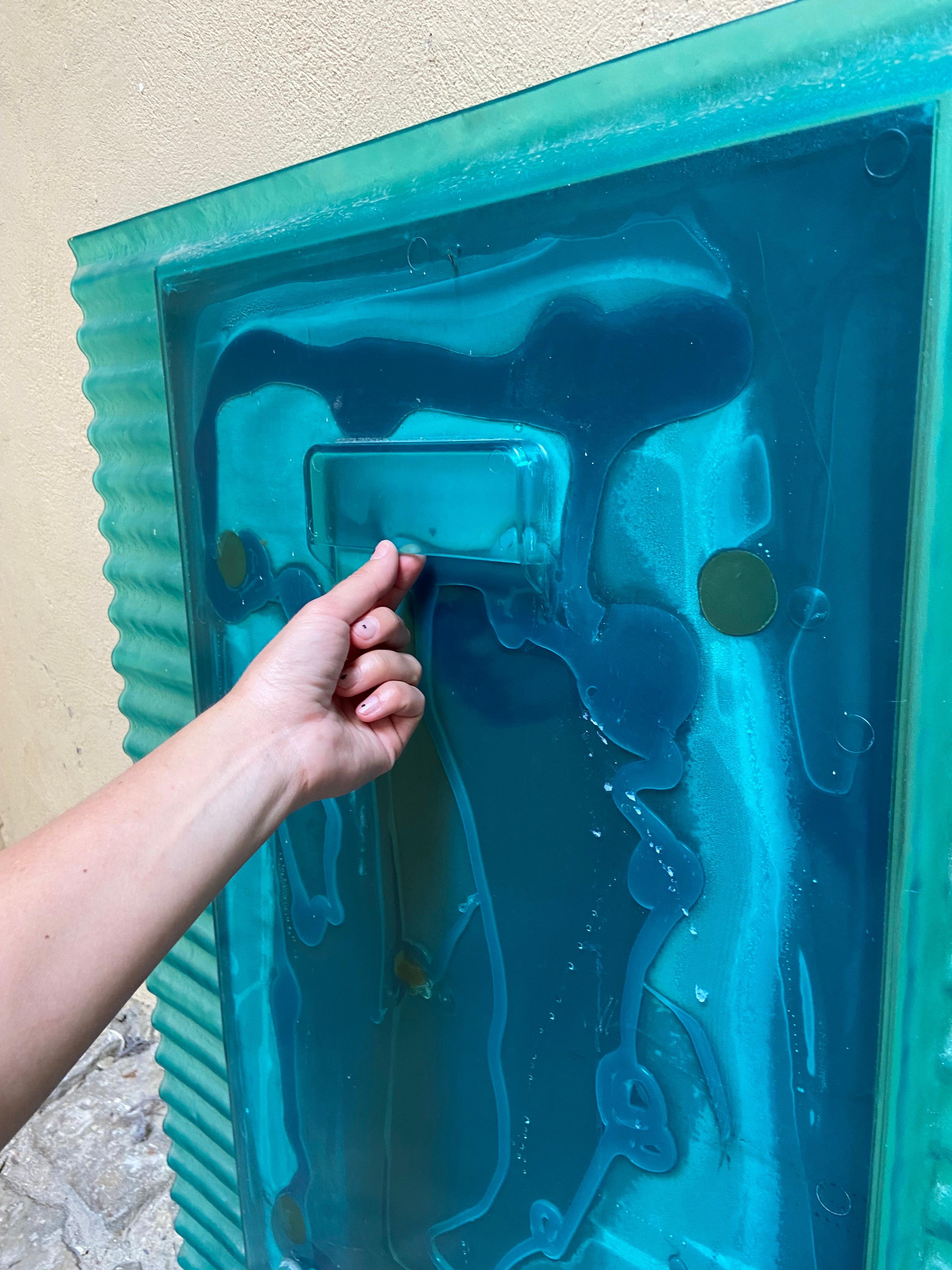 Pop Art Style Green Teal wavy Plastic Wall Mirror, 1980s, Italy 3