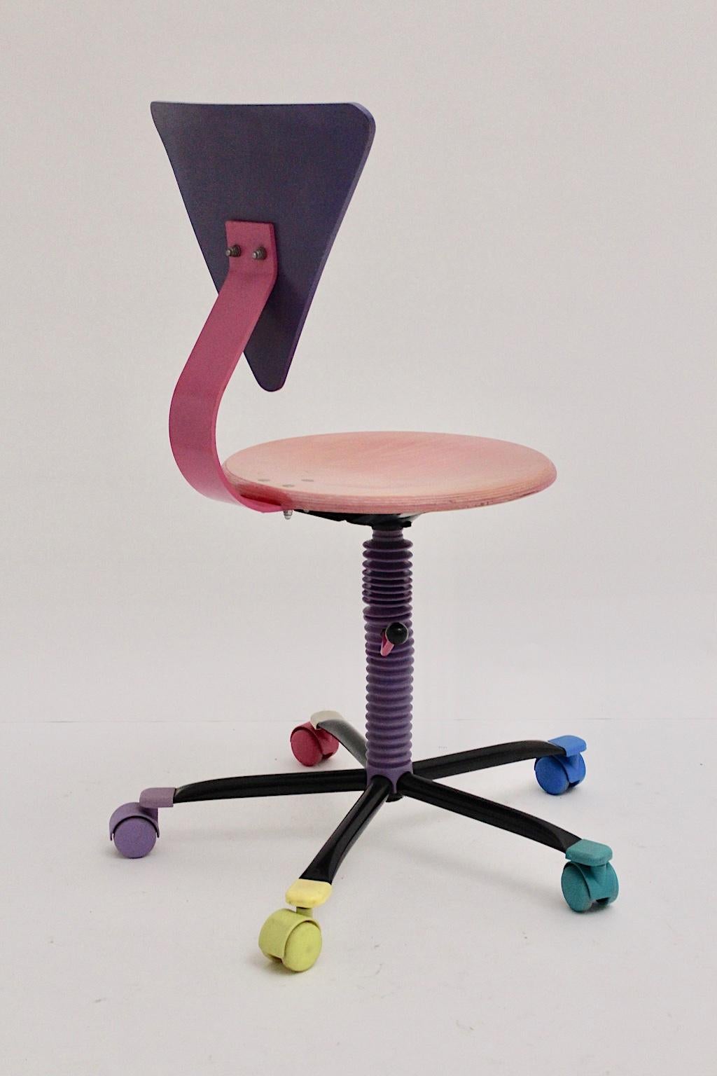 Pop Art Swiveling Wood Metal Multicolored Vintage Desk Chair, 1980s 1