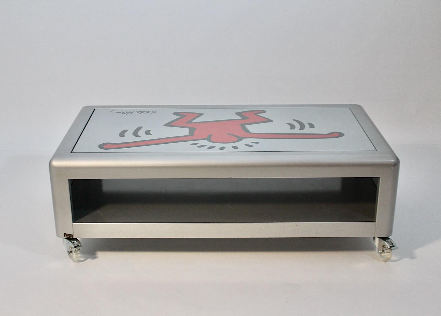 20th Century Pop Art Vintage Low Silver Grey Metal Sofa Table after Keith Haring Bretz 1998 For Sale