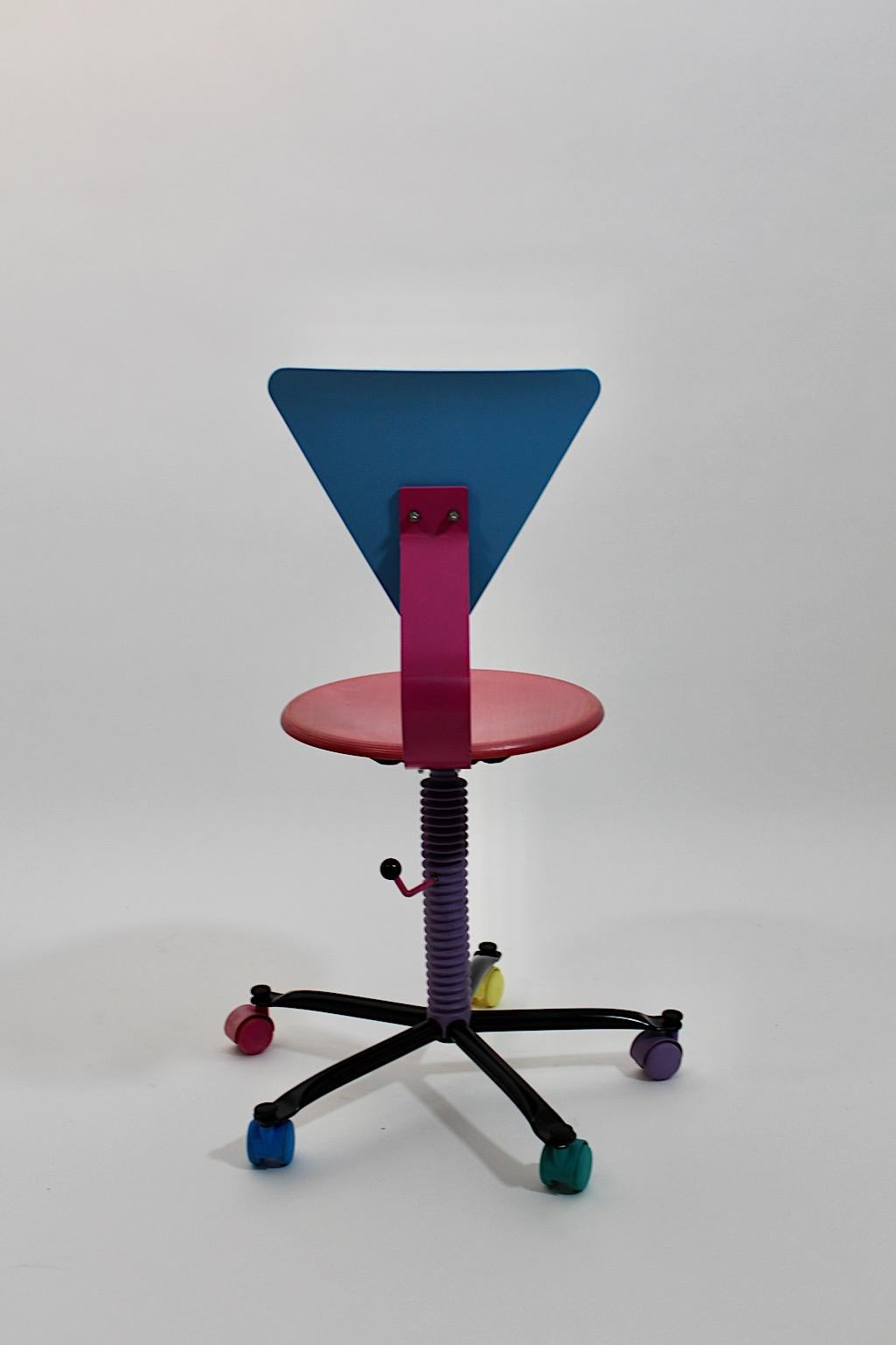 Pop Art Vintage Office Desk Chair Pink Blue Wood Metal, 1980s For Sale 5