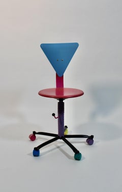 Pop Art Vintage Office Desk Chair Pink Blue Wood Metal, 1980s