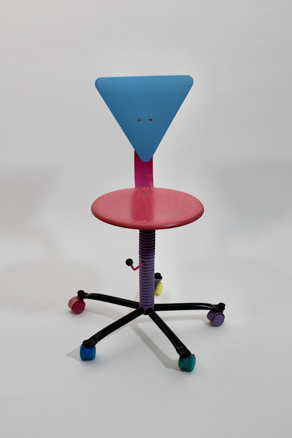 Pop Art Vintage Office Desk Chair Pink Blue Wood Metal, 1980s In Good Condition For Sale In Vienna, AT