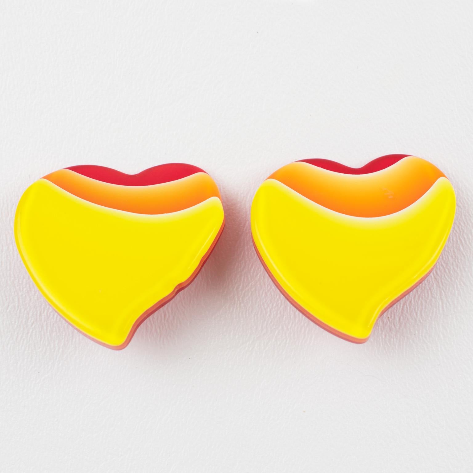 Modernist Pop Art Yellow and Orange Lucite Heart-Shaped Clip Earrings For Sale