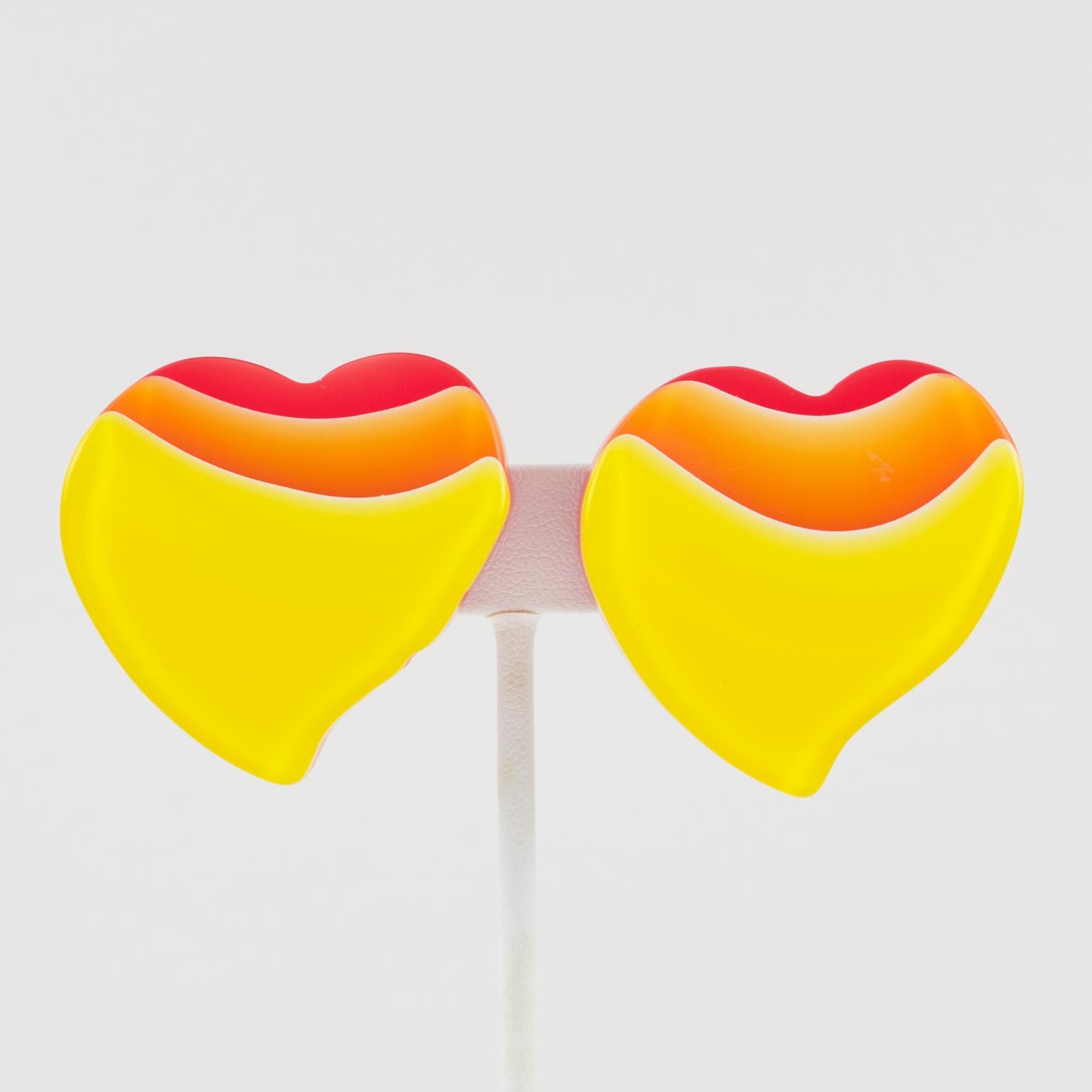 Pop Art Yellow and Orange Lucite Heart-Shaped Clip Earrings For Sale 1