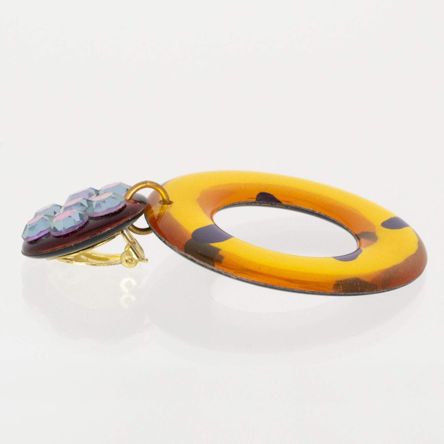 Women's or Men's Pop Art Yellow and Purple Lucite Geometric Dangle Clip Earrings For Sale