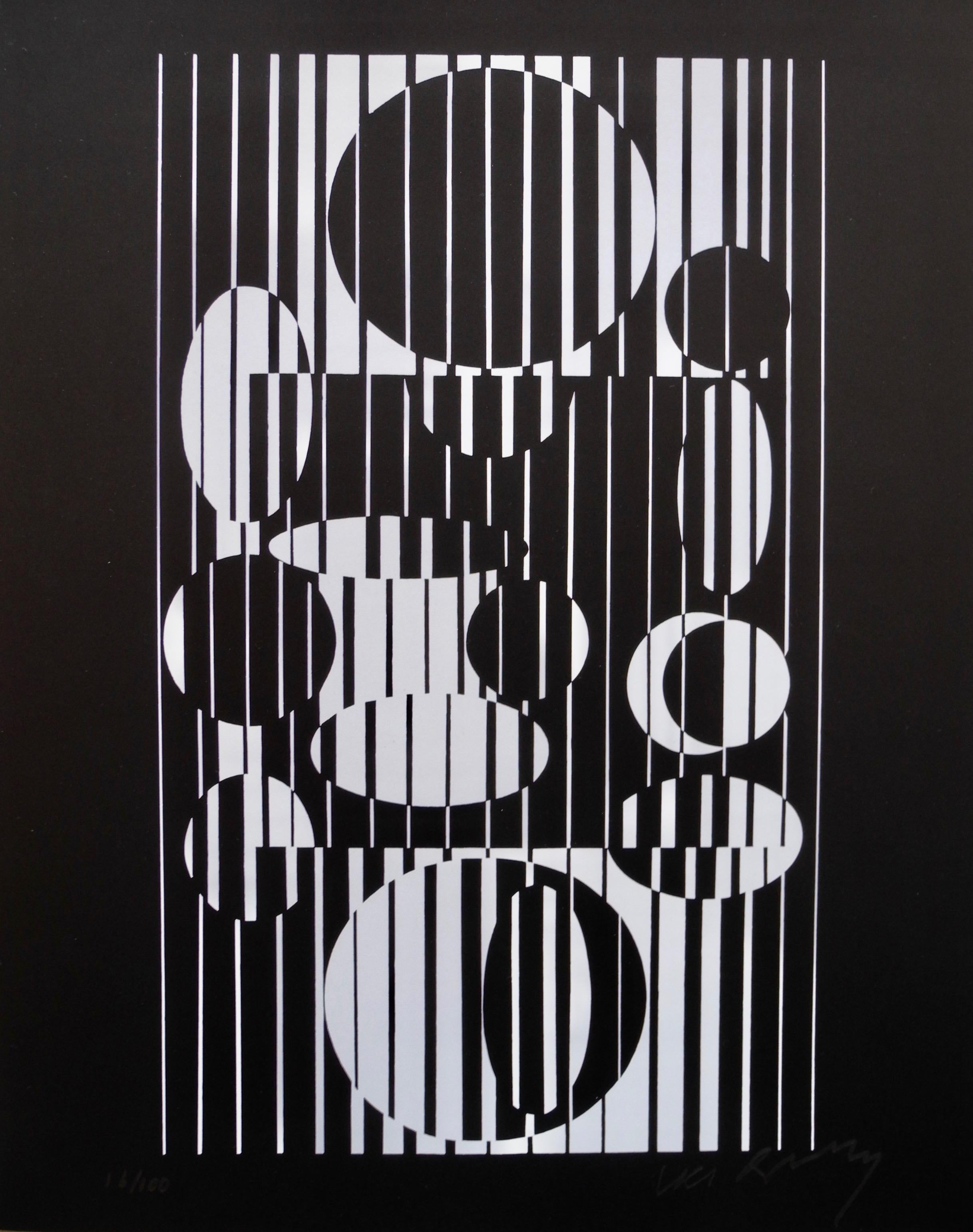 These optical black and white prints by pop artist Victor Vasarely where printed in Switzerland by Griffon Editions in 1973. They came from a portfolio titled 