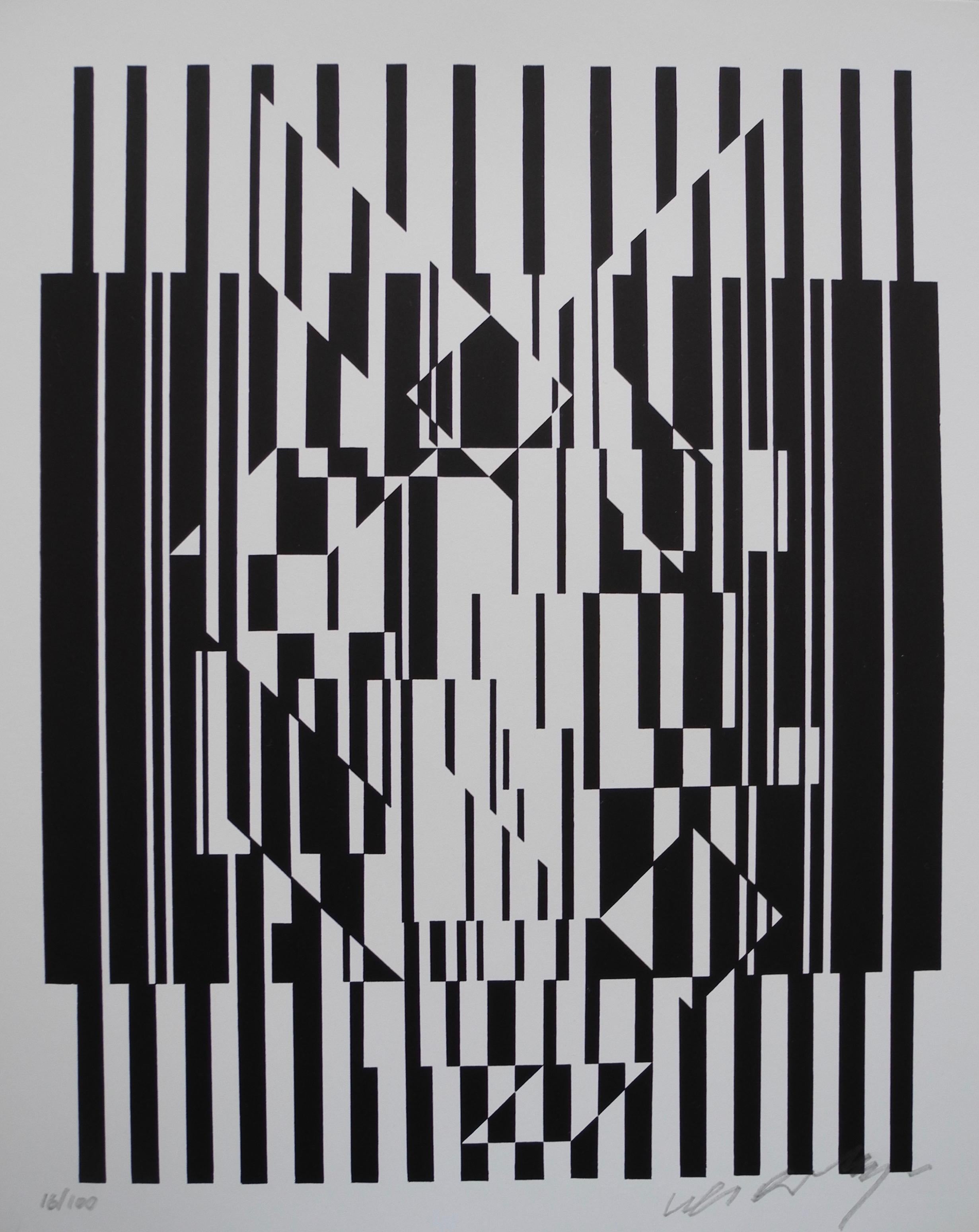 Diese optischen Schwarz-Weiß-Drucke von Victor Vasarely wurden 1973 bei Griffon Editions in der Schweiz gedruckt. Sie sind auf schwerem Papier gedruckt und stammen aus einer Mappe mit dem Titel 
