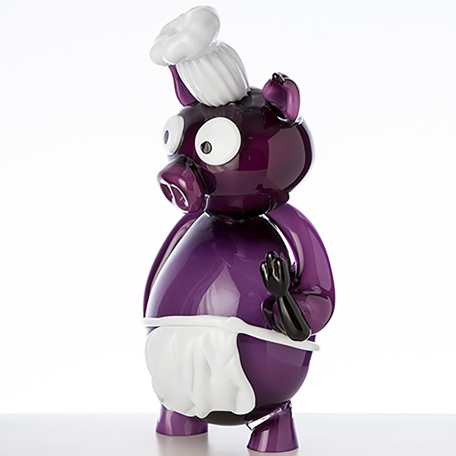 Chef Pork, a blown glass pop comic figurine created by Roberto Beltrami, in Murano glass.

Part of a comic and pop collection in Murano glass, the 'PUPI' are 100% mouth-blown and entirely handmade, offering complete customization upon request.