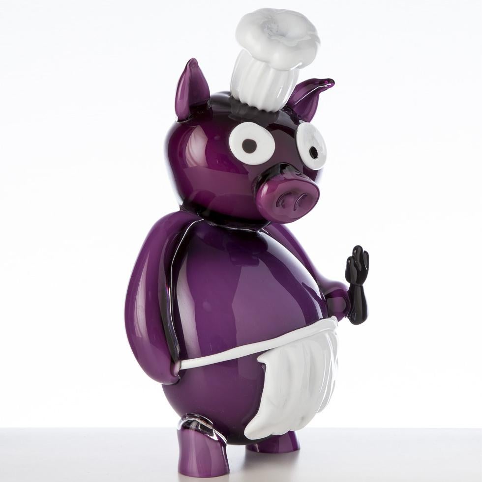 Modern Pop Comic Artistic Murano Glass Sculpture Chef Pork For Sale