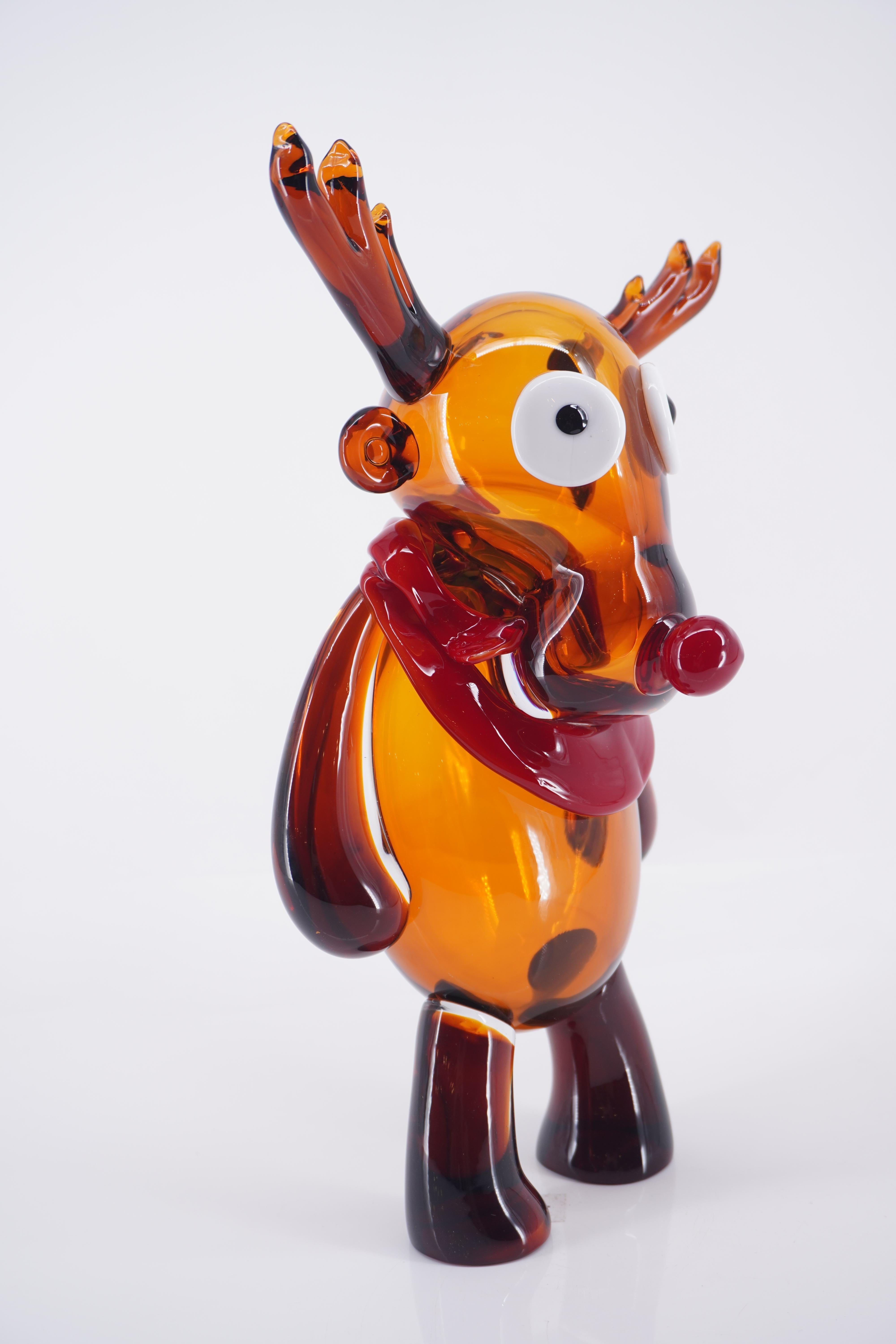 Contemporary Pop Comic Artistic Murano Glass Sculpture Reindeer For Sale