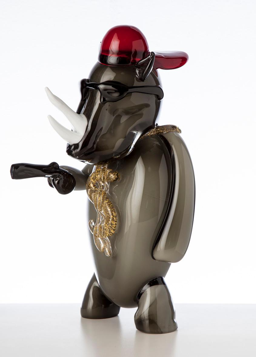 Gangsta Rhino is a blown glass sculpture created by Roberto Beltrami, in Murano glass.

A comic and pop collection in Murano glass, the 'PUPI' are 100% mouth-blown and entirely handmade, offering complete customization upon request. Choose from a