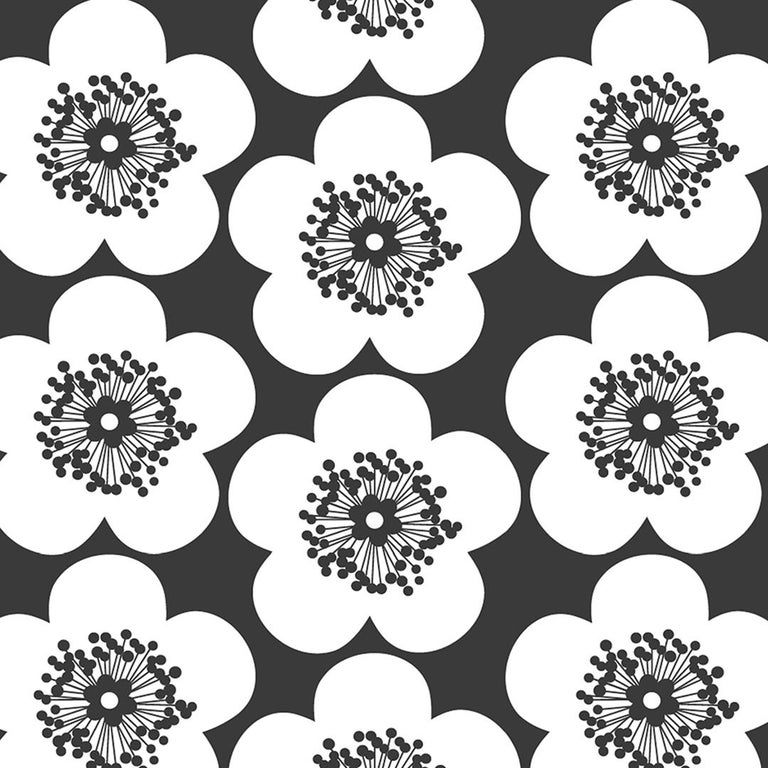 Pop Floral Designer Wallpaper In Charcoal Black And White For