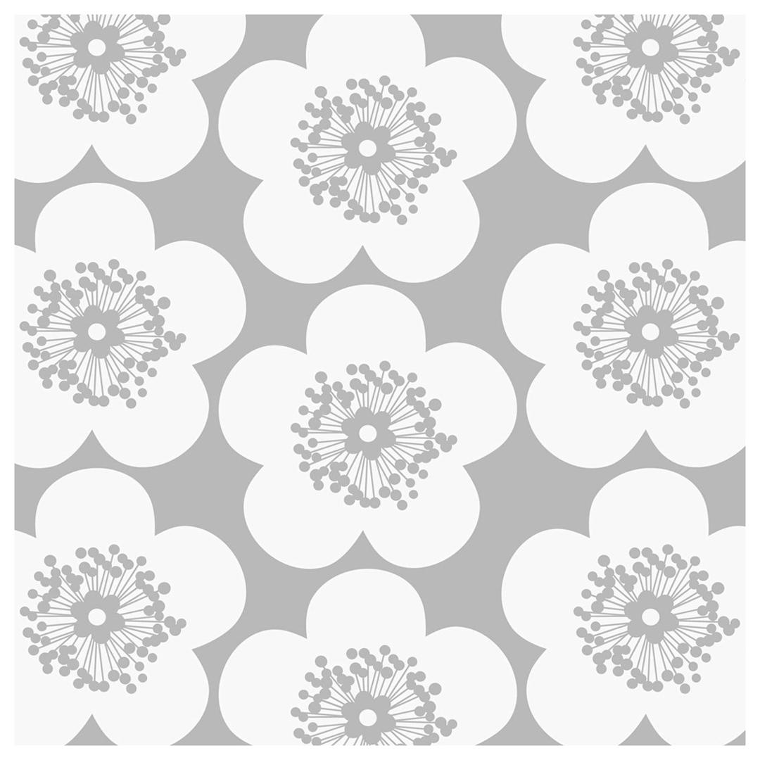 Pop Floral Designer Wallpaper in Greyhound 'Mid Grey on Soft White' For Sale