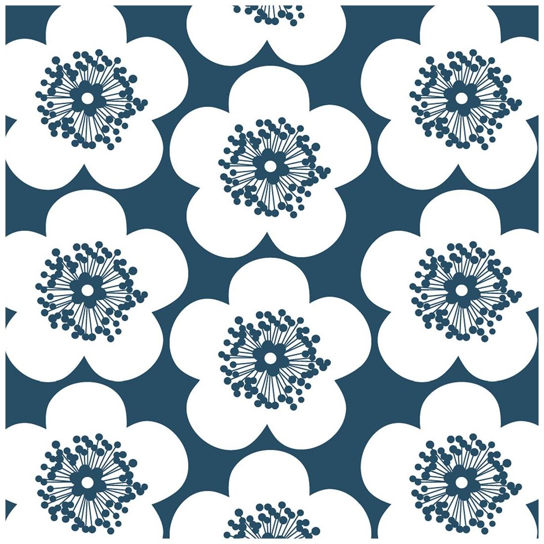 Papier peint de créateur à motifs floraux pop à l'encre bleu profond sur blanc doux en vente