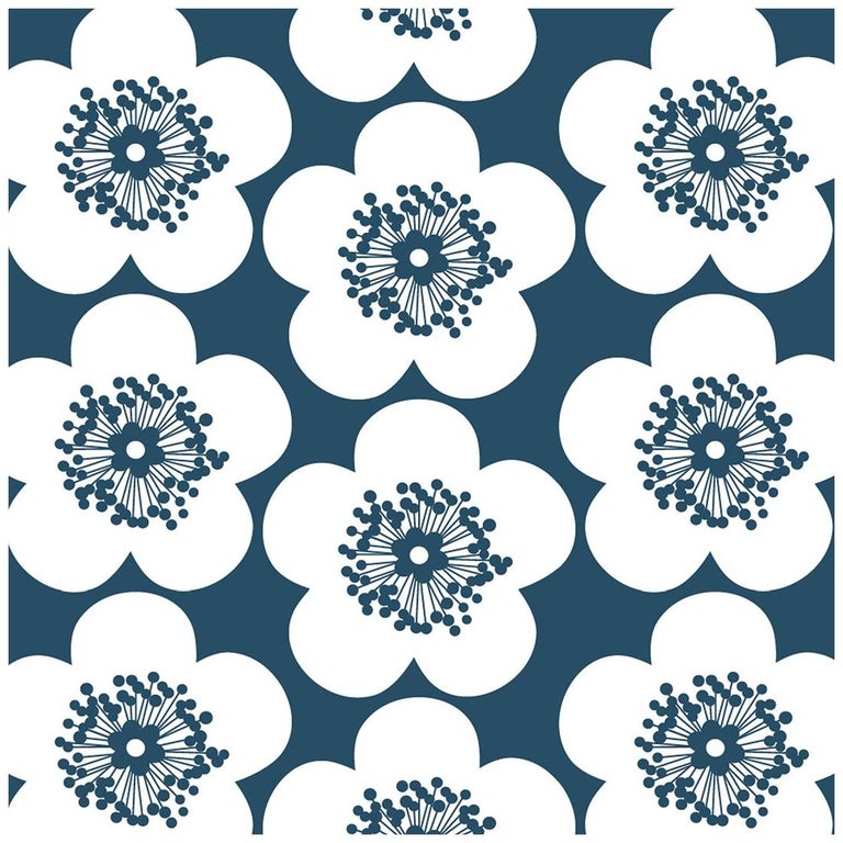 Pop Floral Designer Wallpaper In Ink Deep Blue On Soft White For