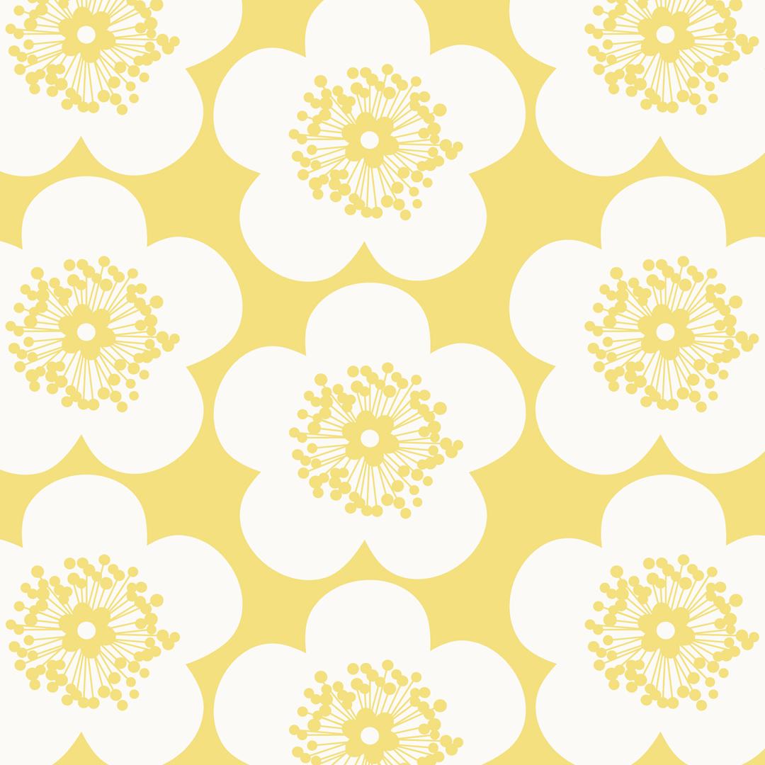Pop Floral Designer-Tapete in Zitronengelb auf weichem Weiß