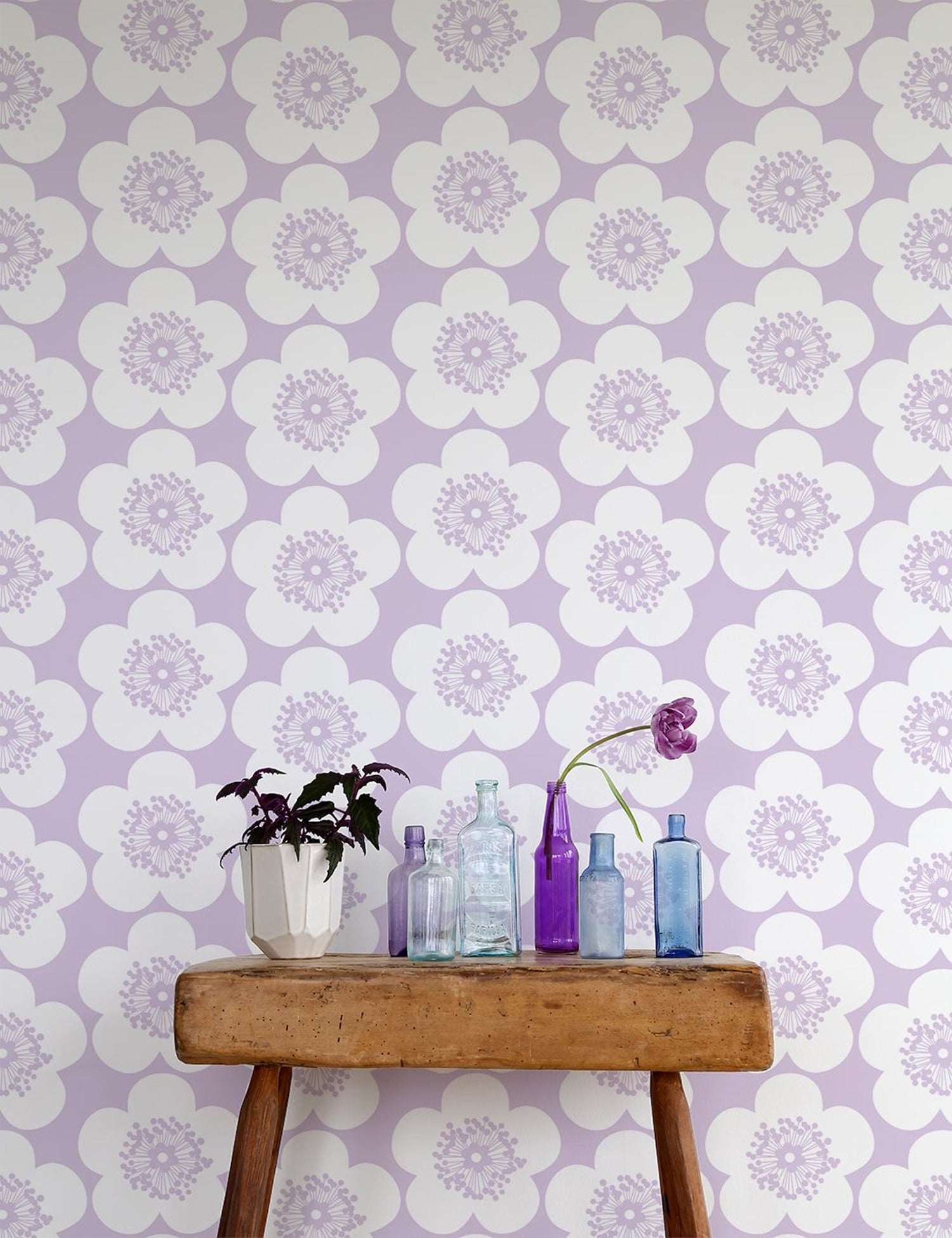Pop Floral Designer Wallpaper In Color Violet Lavender Purple On Soft White For Sale At 1stdibs