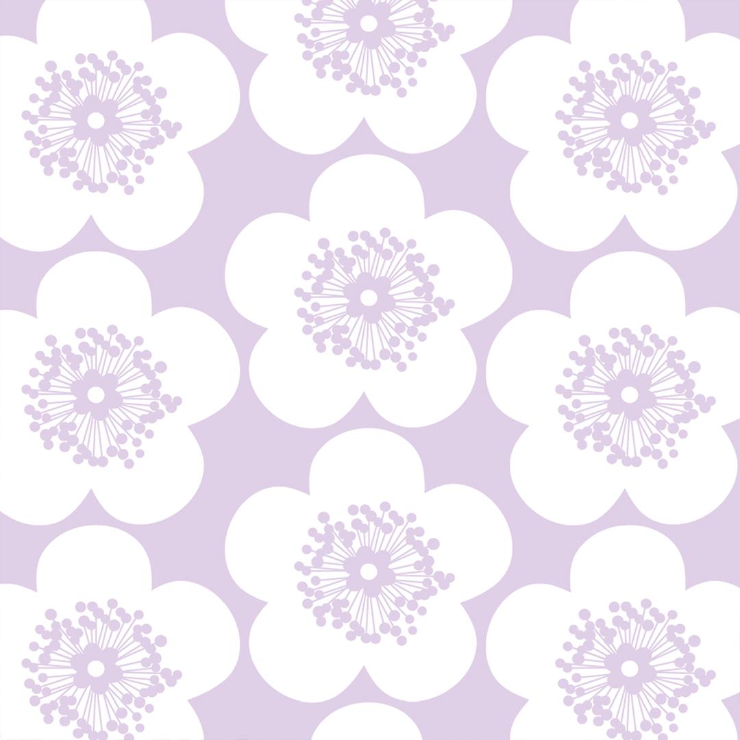 Pop Floral Designer-Tapete in Farbe Violett 'Lavender Lila auf Weichweiß'