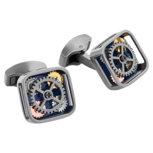 Pop Gears Cufflinks with Navy Enamel in Gunmetal