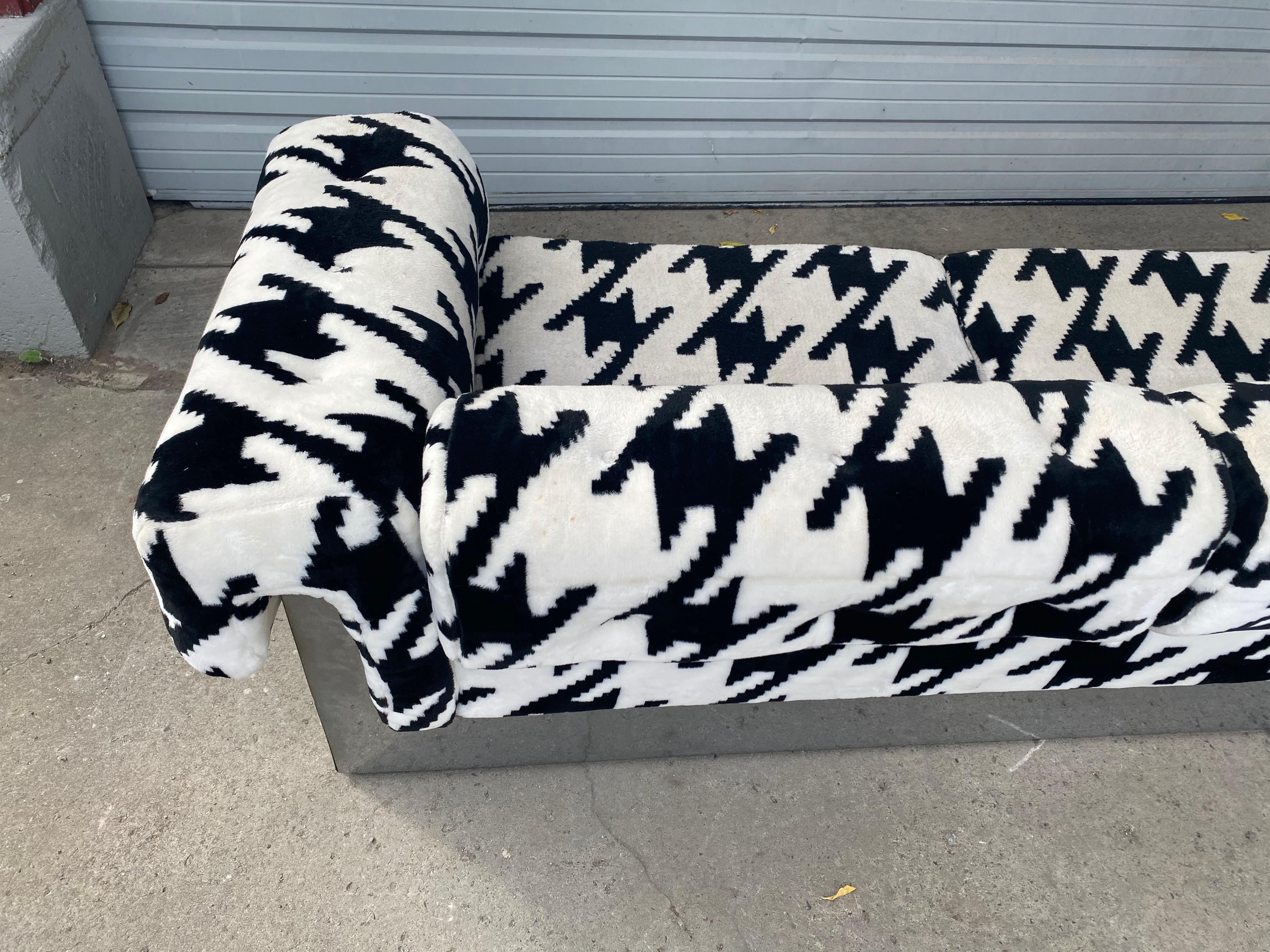Fabric POP Modernist Button Tufted Sofa by Milo Baughman for Thayer Coggin Chrome Wrap