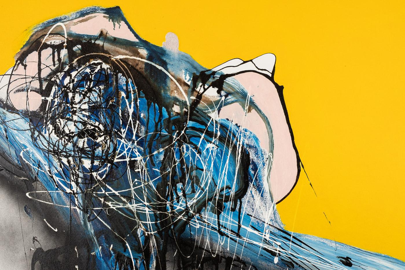 Futurist Pop Queen Oil on Canvas Solid Steel Frame Modern Yellow Blue Black Original Art For Sale
