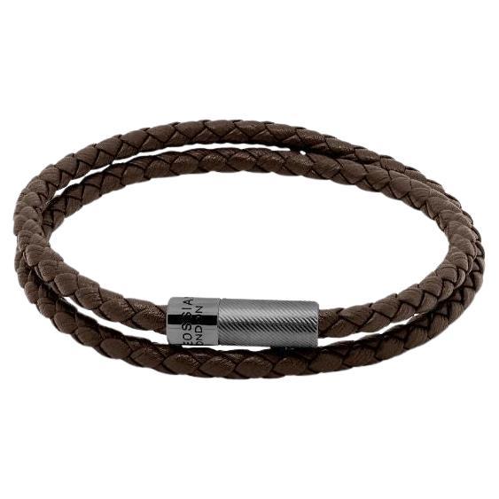 Pop Rigato Bracelet in Double Wrap Brown Leather with Rhodium Plated, Size M