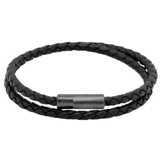 Pop Rigato Armband aus doppeltem Wickelleder, Rhodium Sterlingsilber, Größe S