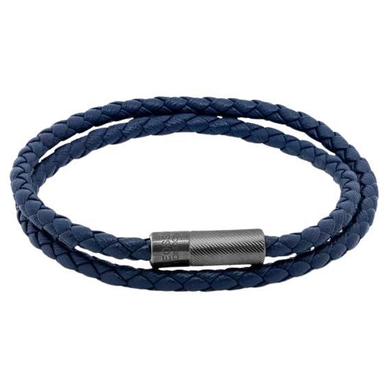 Pop Rigato Bracelet in Double Wrap Navy Leather with Rhodium Plated, Size M For Sale