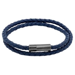 Pop Rigato Bracelet in Double Wrap Navy Leather with Rhodium Plated, Size M