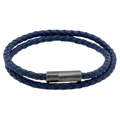 Pop Rigato Armband aus doppelreihigem marineblauem Leder mit rhodiniertem Saum, Größe M