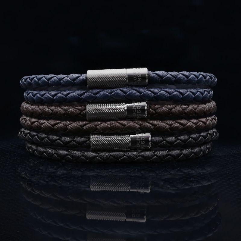 Men's Pop Rigato Bracelet in Double Wrap Navy Leather with Rhodium Plated, Size S For Sale