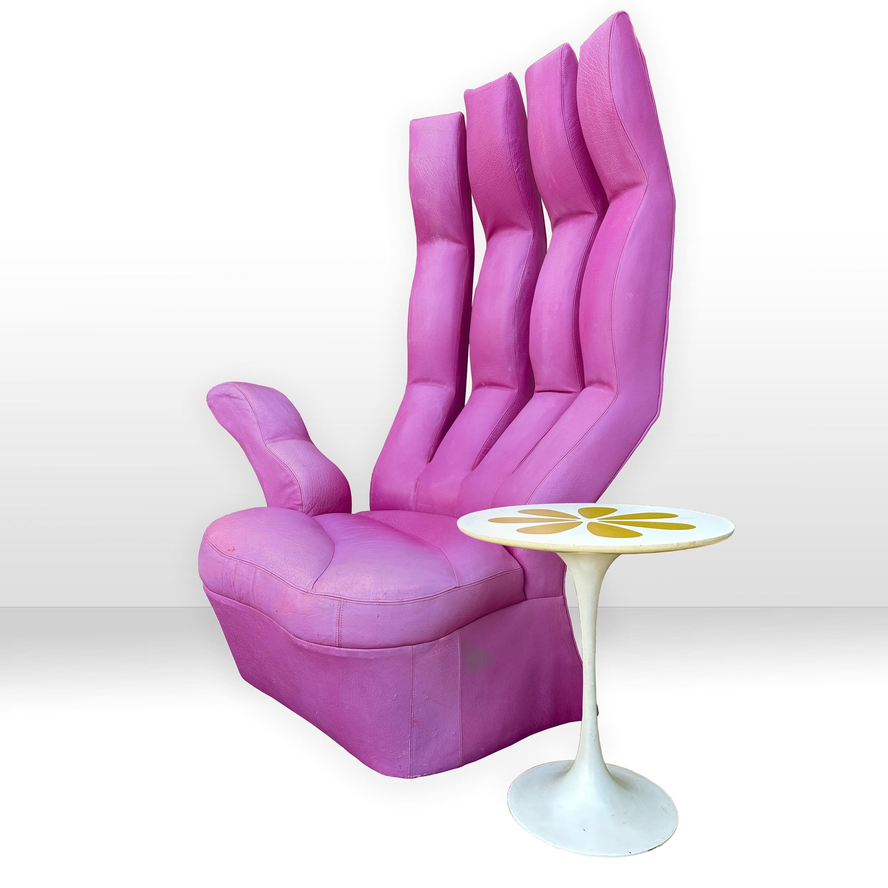Monumental purple leather pop surrealist hand chair.  Rare piece that was purchased from a Palm Beach estate whom had brought it here from France. Good vintage condition with some color variations and wear to the leather. 