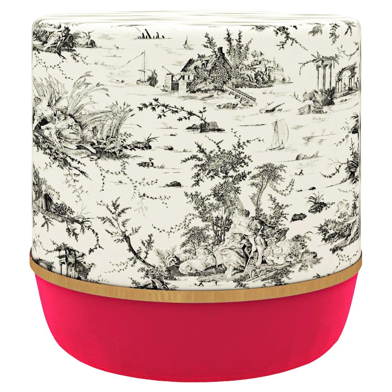 Pouf Pop Toile-de-Jouy rose et blanc