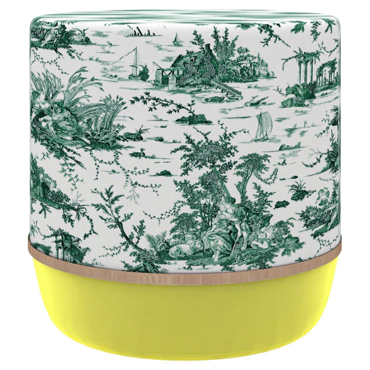 Pop Toile-de-Jouy Yellow and Green Pouf For Sale