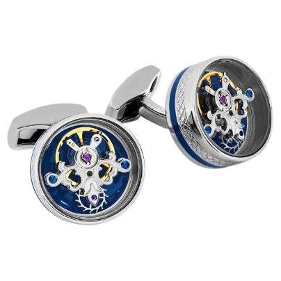 Pop Tourbillon Cufflinks with Blue Enamel in Rhodium For Sale