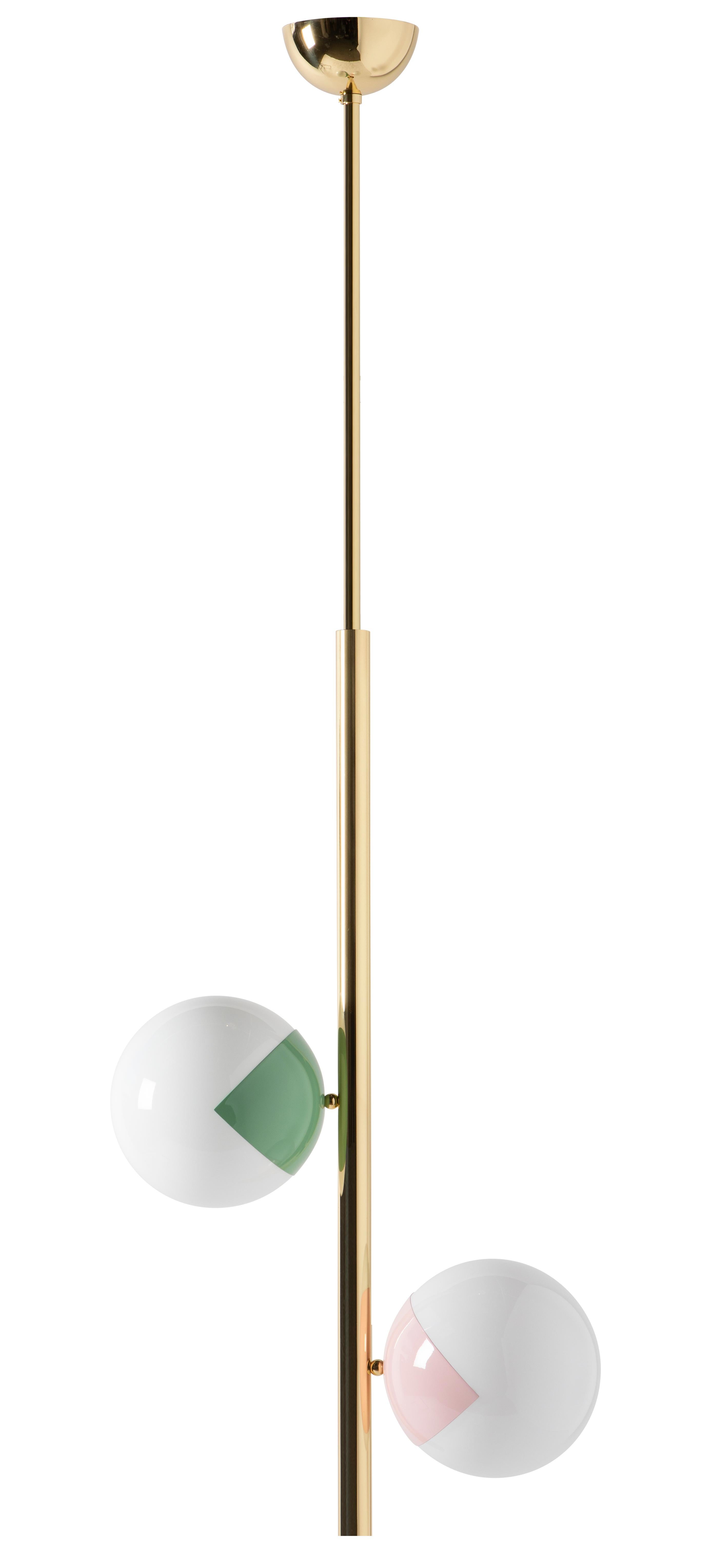 Pop-Up chandelier by Magic Circus Editions
Dimensions: W 58 x H 175 cm
 Diameter sphere 25 cm
Materials: Smooth brass, glossy mouth blown glass

Available finishes: Brass, nickel, matte black tube and brass, matte black tube and