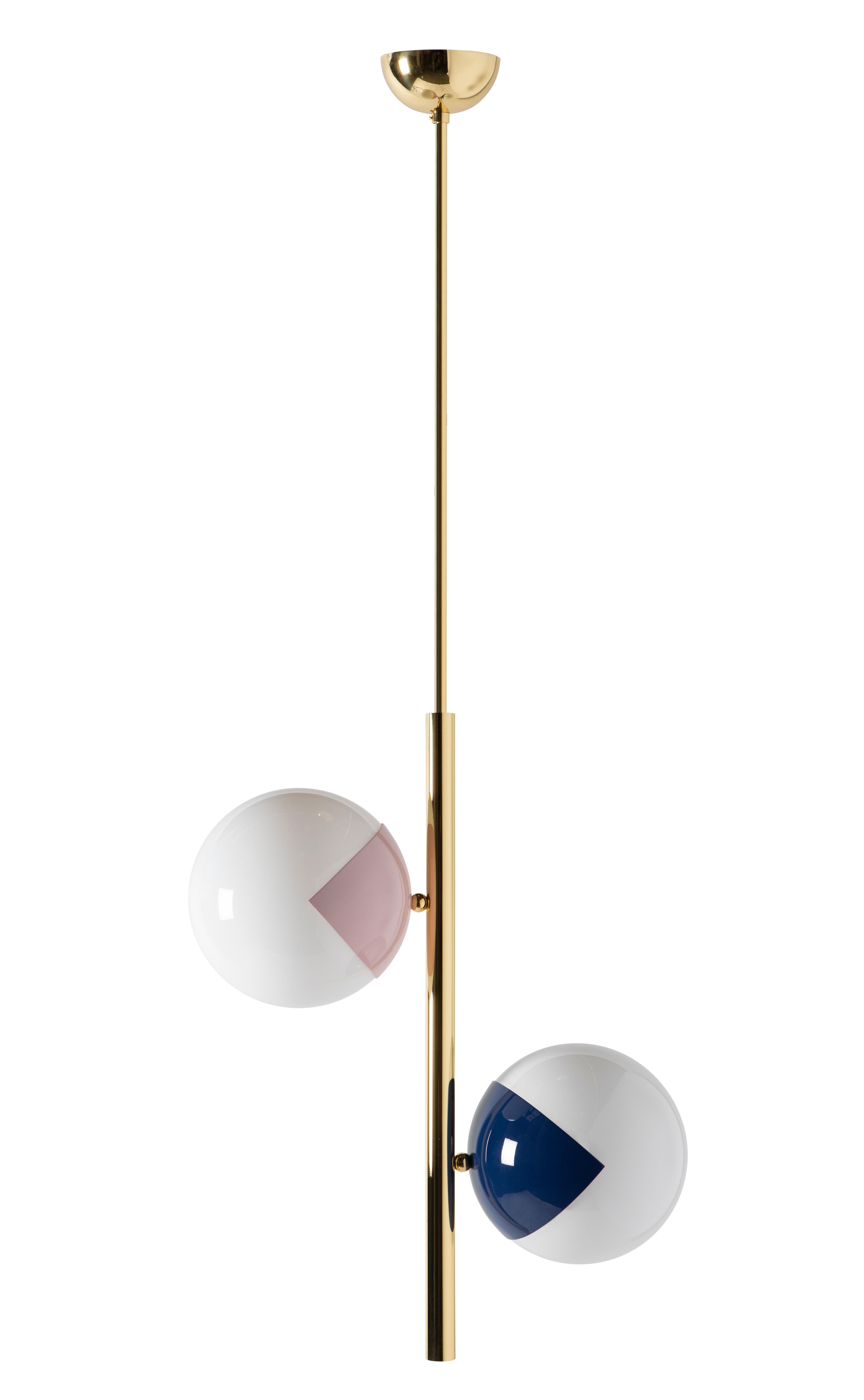 Pop-up chandelier by Magic Circus Editions.
Dimensions: W 58 x H 175 cm.
 Diameter sphere 25 cm.
Materials: smooth brass, glossy mouth blown glass.

Available finishes: Brass, nickel, matte black tube and brass, matte black tube and
