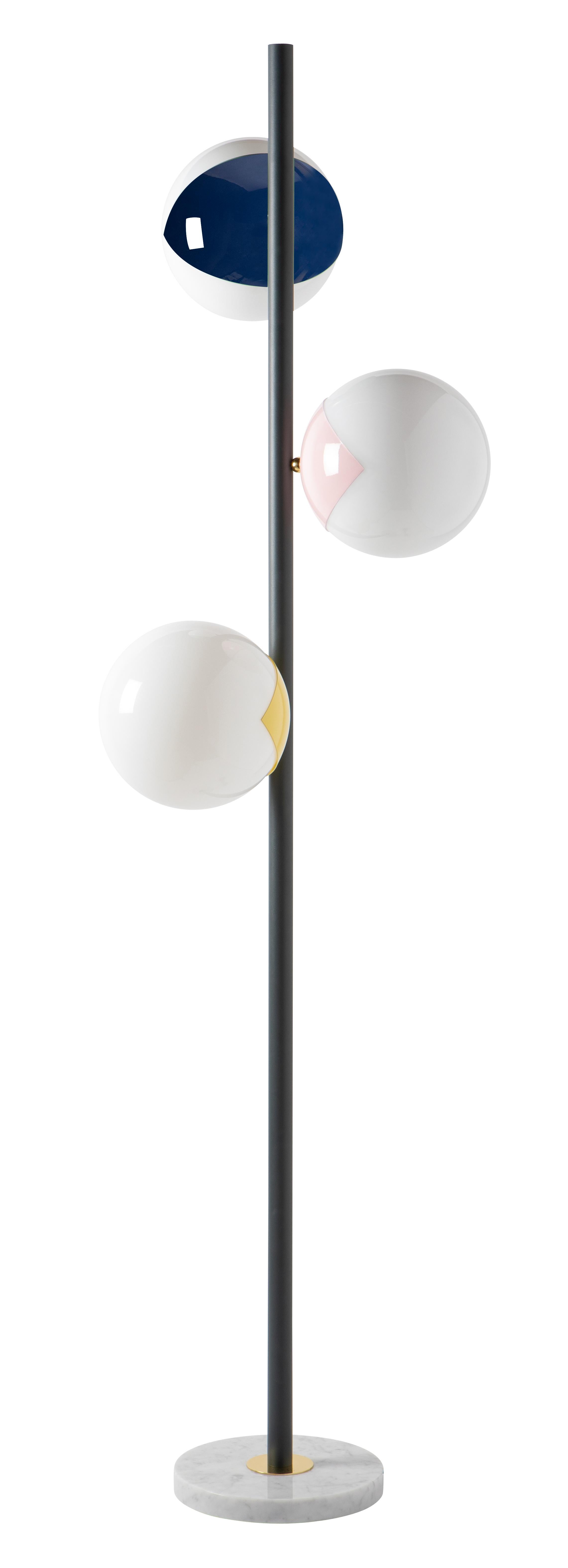 Pop up floor lamp by Magic Circus Editions.
Dimensions: W 170 x H 51 cm.
 diam sphere 22 cm.
Materials: Carrara marble base, smooth brass tube, glossy mouth blown glass.

Available finishes: Matte black tube and brass, matte black tube and