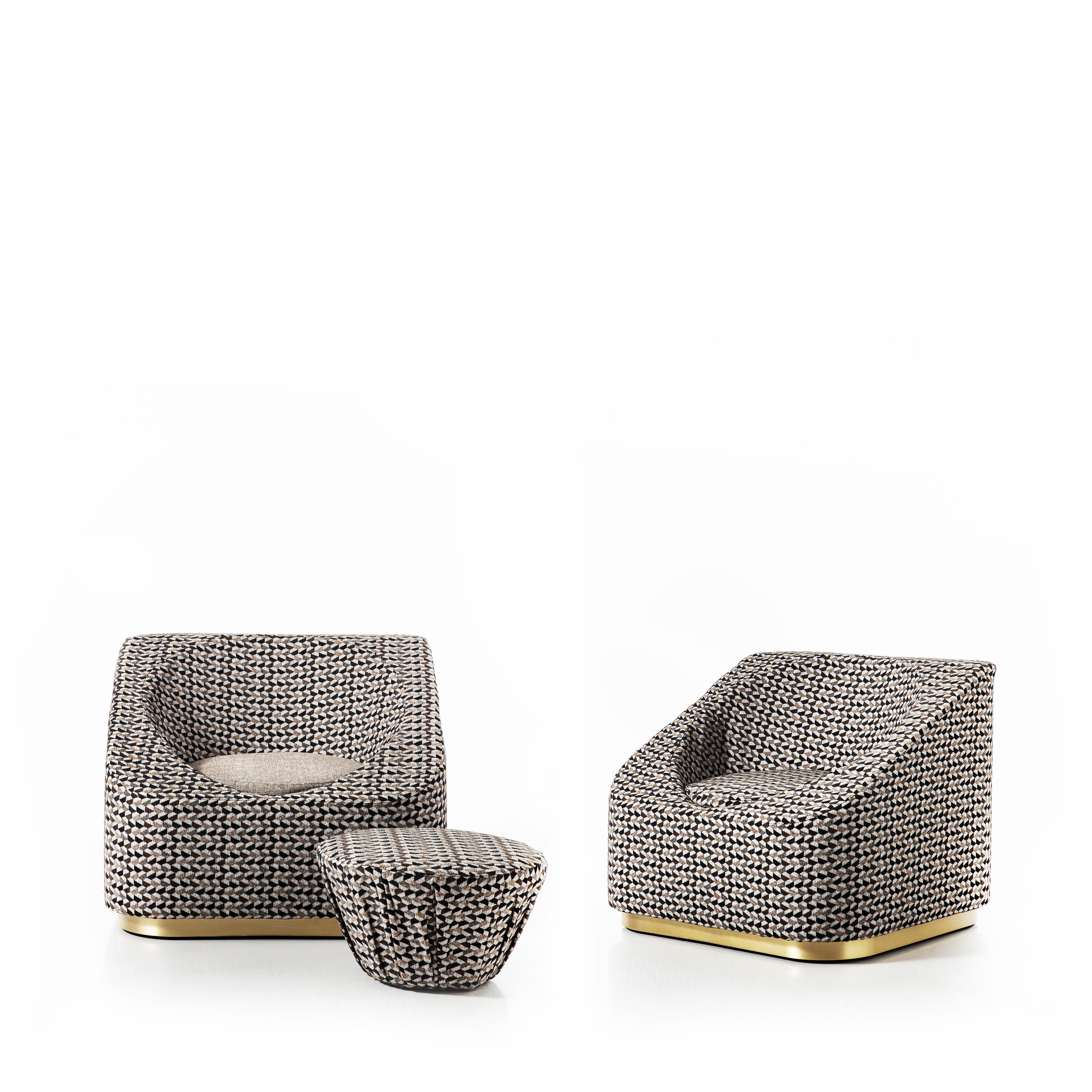 Brass Pop-Up Lightweight Vintage Lounge Armchair with Removable Pouf For Sale