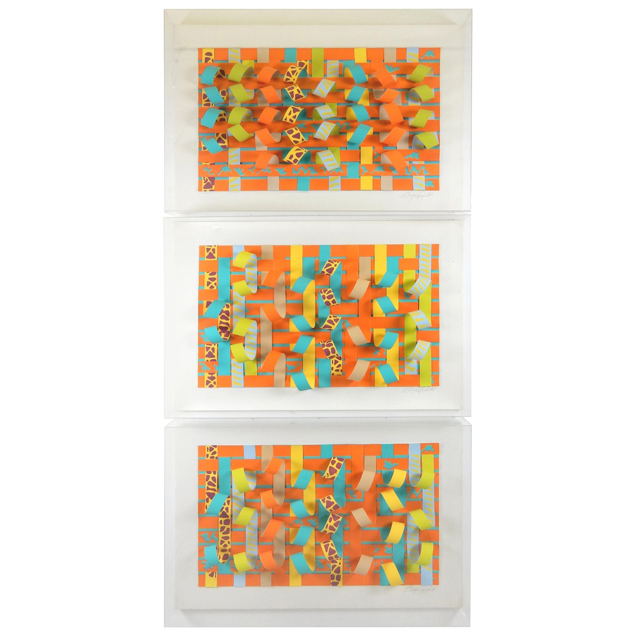 Popart Postmodern Greg Copeland 3-D Woven Paper Assemblage Wall Sculpture Trio