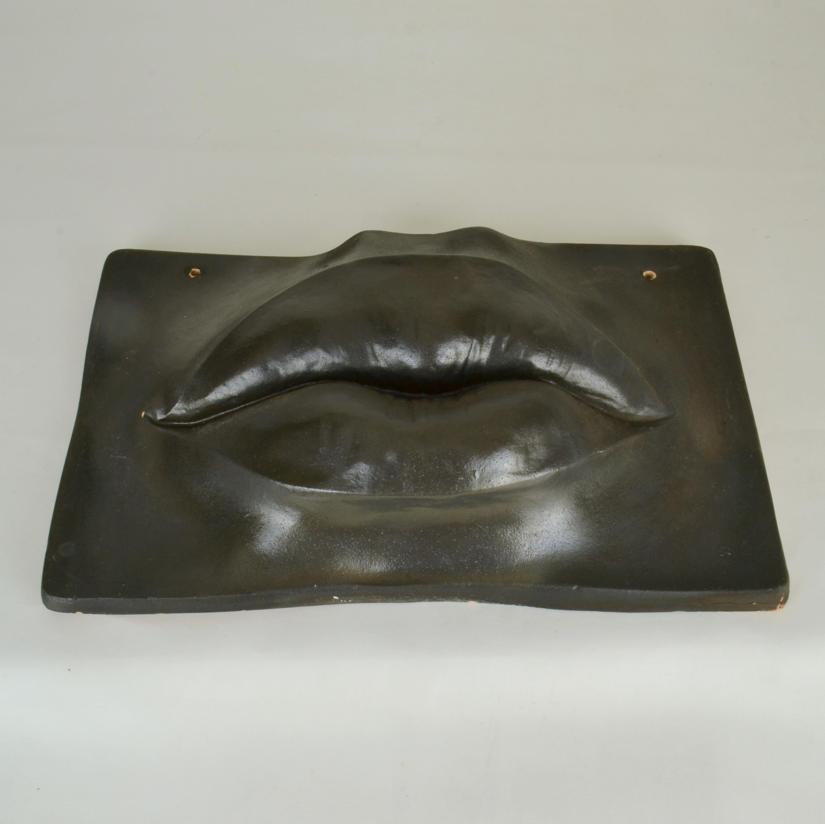 German Pop Art Style Wall Mounted Ceramic Sculpture of Black Lips For Sale