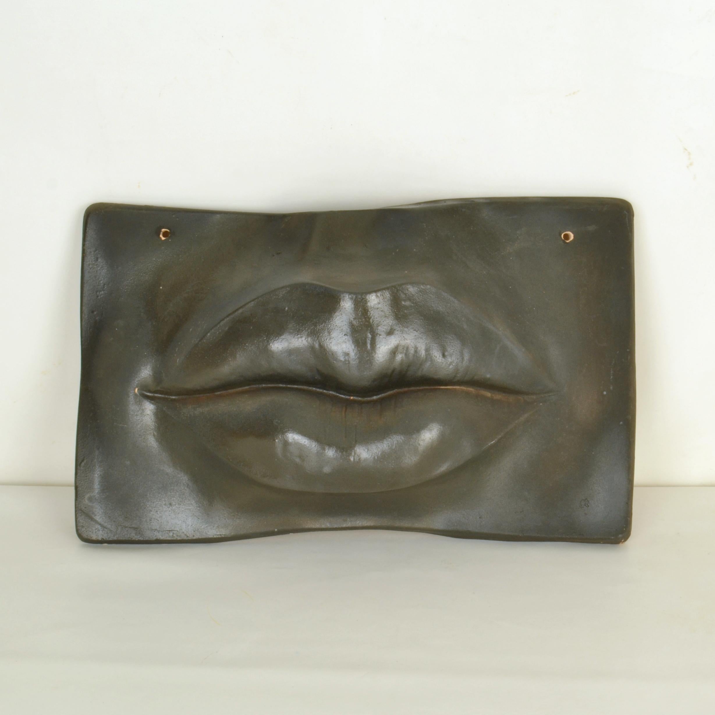 Late 20th Century Pop Art Style Wall Mounted Ceramic Sculpture of Black Lips For Sale