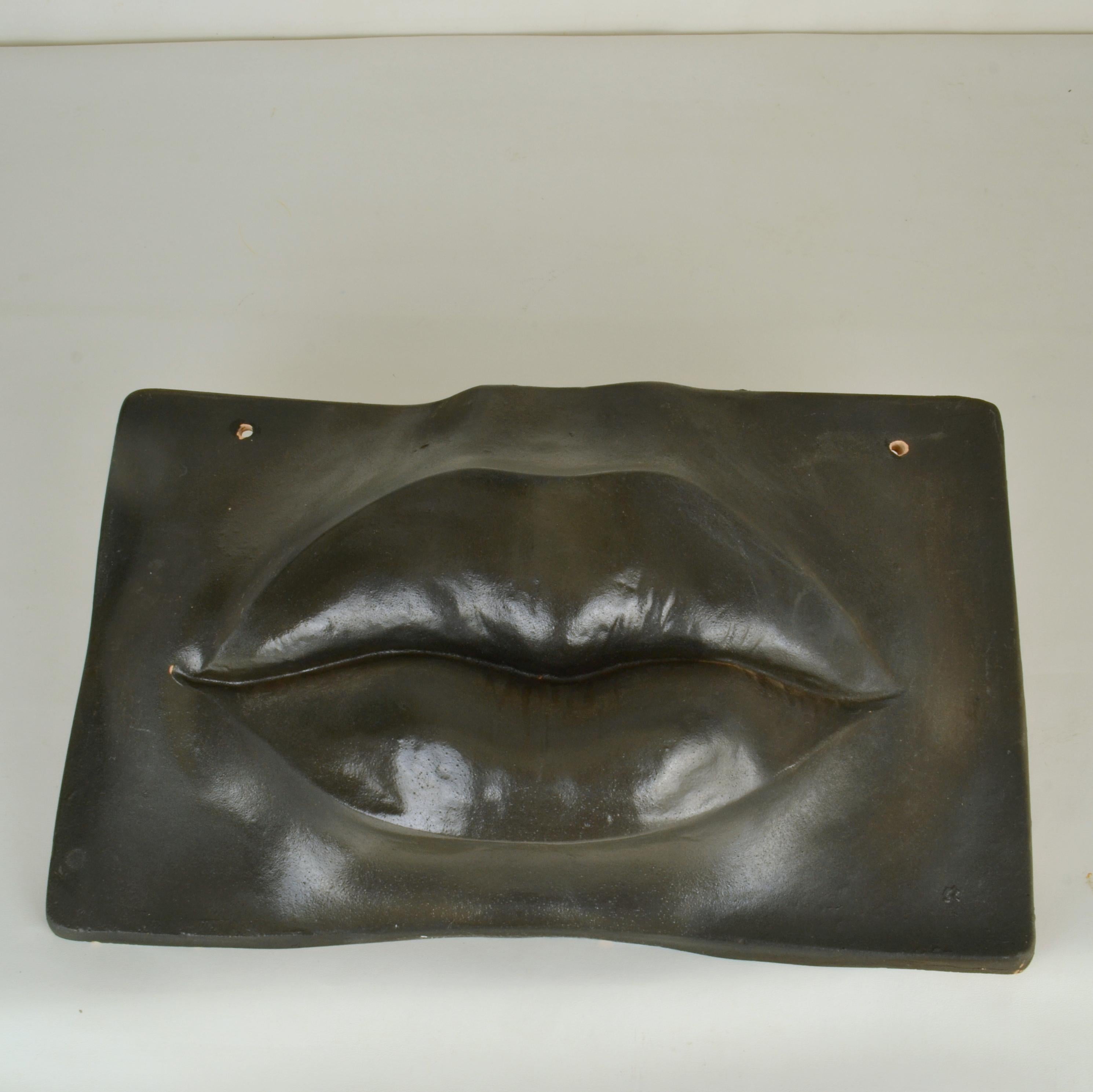 Pop Art Style Wall Mounted Ceramic Sculpture of Black Lips For Sale 2