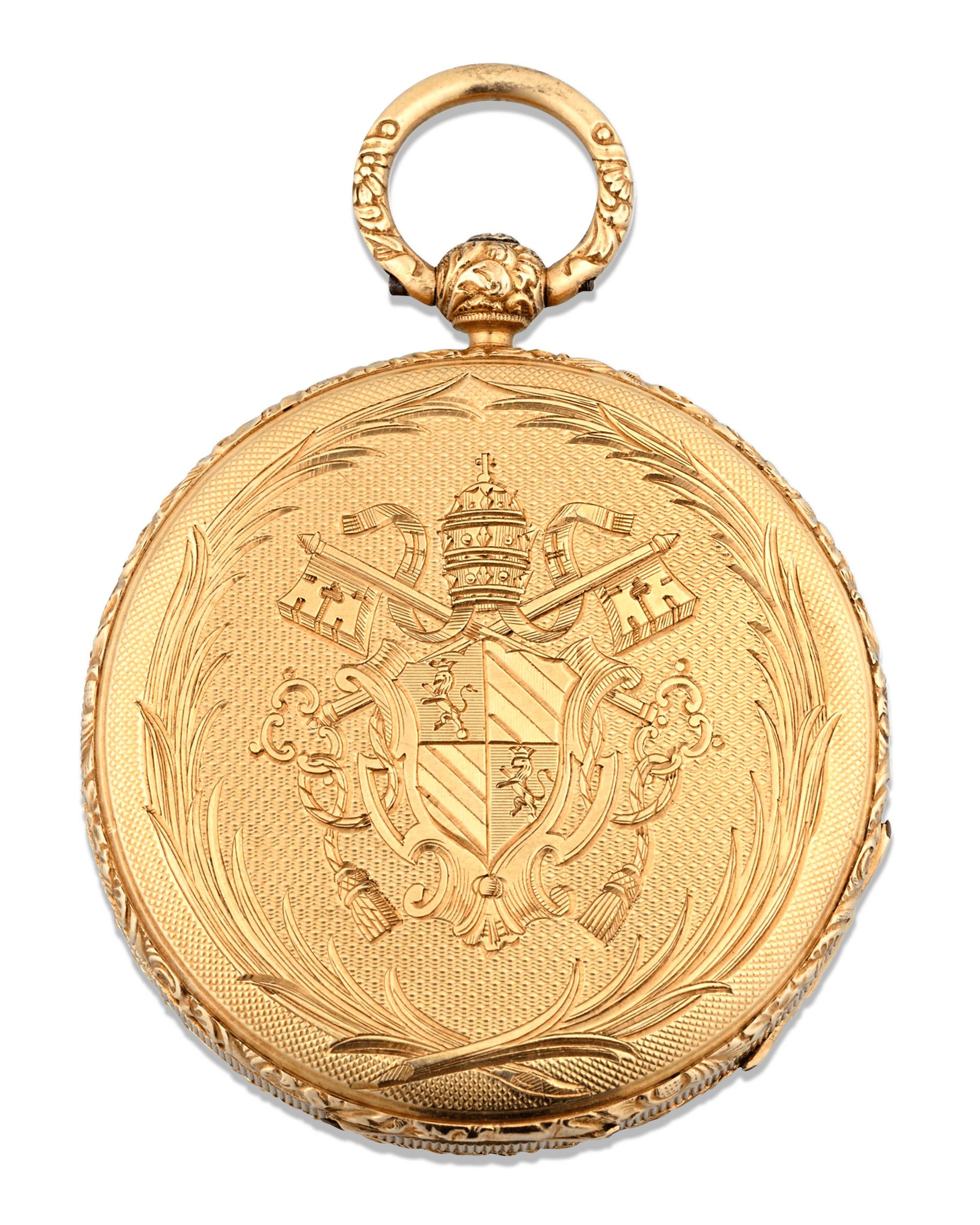 This immensely rare and masterfully crafted Swiss gold pocket watch was made for Pope Pius IX and is an exemplary specimen of 19th-century Swiss workmanship. Created by the legendary Parisian firm of Louis Aucoc, meticulously worked 18K gold forms