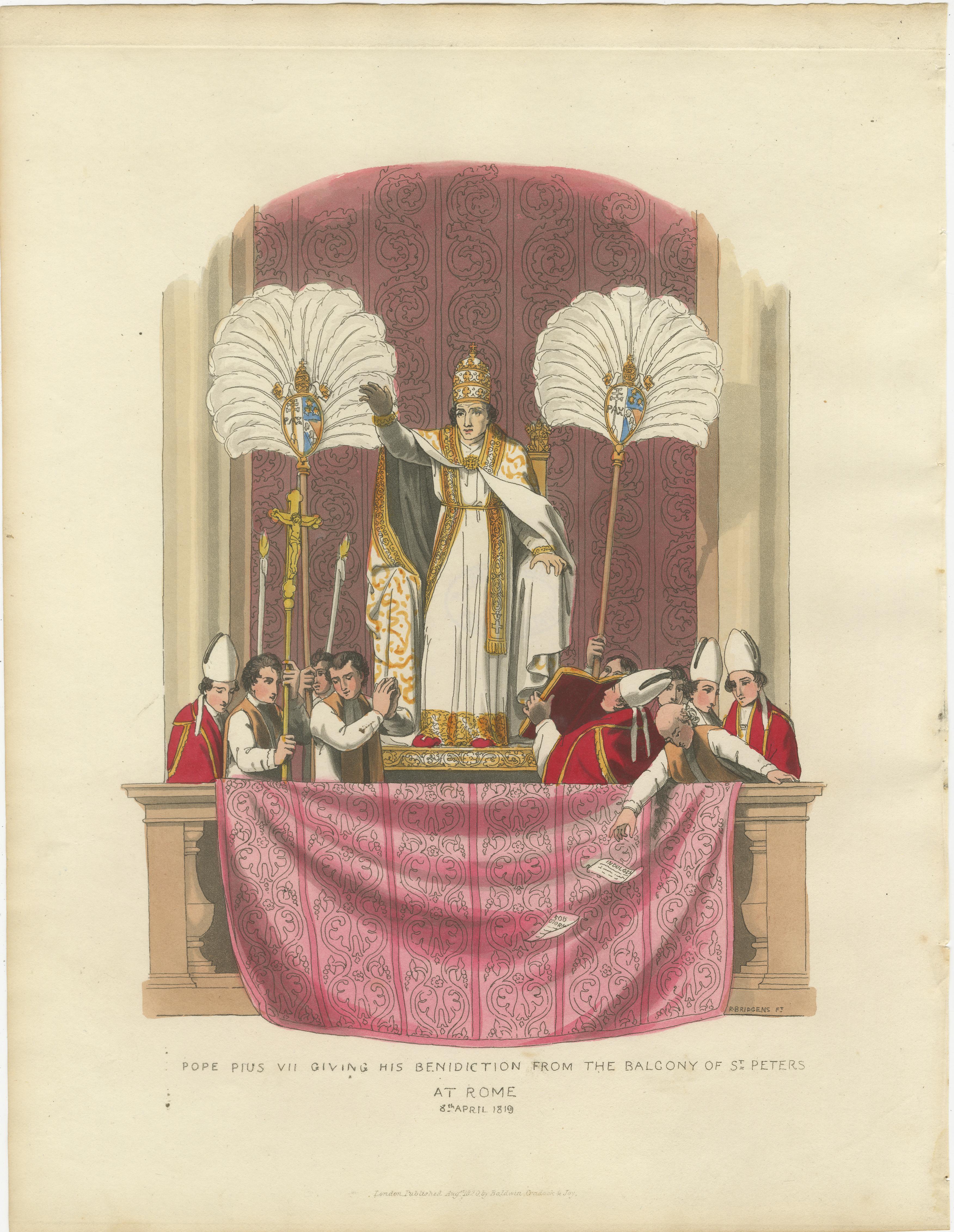 Carta Papa Pio VII che impartisce la sua benedizione dal balcone di San Pietro, inciso nel 1819 in vendita